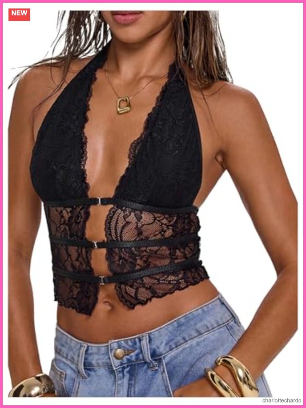 Lace Halter Crop Top Sleeveless Plunge Neck Buckle Open Back Y2K Rave Club